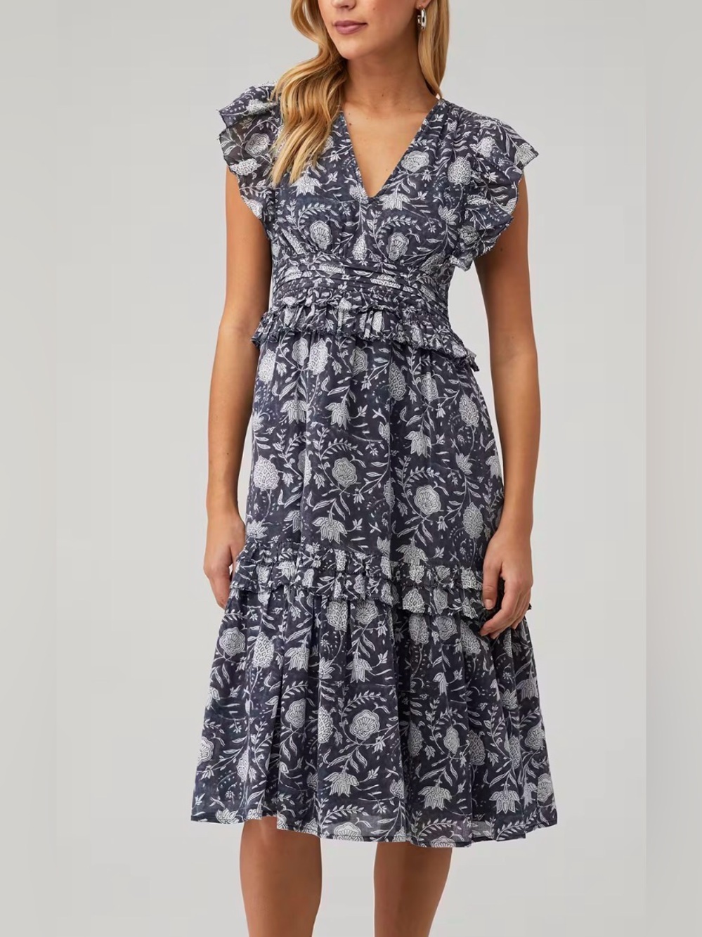 Cleobella Navy and White Floral Ruffle Midi Dress